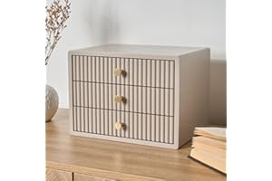 OHS Wooden Desktop Drawers Ribbed, Small Item Storage Desktop Organizer Office Supplies Filing Tidy Stackable Makeup Container Jewellery Box Storage Cabinet with 3 Drawers, Natural