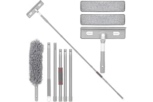 VORHOT 2 in 1 Raclette Vitre Professionnel, 210cm Épissable Raclette Douche avec 2 Serviettes en Microfibre, 180° Rotative Lave Vitre, Kit Nettoyage Vitre Plumeau Poussiere pour Hautes Fenêtres