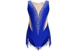 inhzoy Body Danza Bambina Balletto Body Danza Classica Moderna Senza Maniche Nappe Strass Leotards Pattinaggio Artistico Bodysuit Ginnastica Ritmica Costume da Danza, 6-16 Anni
