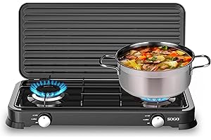 SOGO Hornillo Camping Gas Portátil 2 Fogones para Exterior GLP y Propano - Cocina Camping con Control Preciso de Llama - Cocina de Gas Portátil para Terraza y Aire Libre Compacta y Eficiente