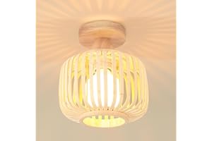 iDEGU Rétro Plafonnier en Bois et Bambou Lustre Industriel E27 Luminaire Abat-Jour Design Cage Lampe Suspension Vintage LED Éclairage de Plafond pour Chambre Salon Entrée Couloir Café (18cm)