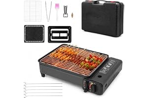2-i-1 bärbart campingkök gasgrill, med grillnät bakplåt och fettuppsamlingsbricka, piezotändning övertrycksskydd för butan LPG camping utomhus balkong