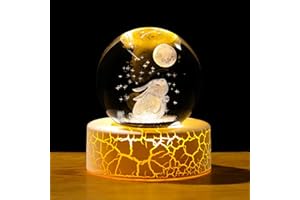 Movdyka Crystal 3D Rabbit with Moon 2.36in Ball Figurine Gifts for Women Glass Animal Art for Room with Warm Light Base Keepsake for Bunny Lovers Home Ornaments