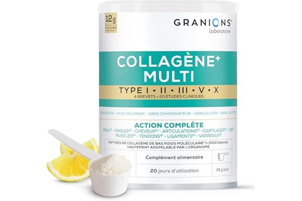 MULTI Collagene - 5 Types de Collagène - GRANIONS Collagène N°1 en Pharmacies - Collagene et Acide Hyaluronique - Marin Poudre - Collagene Marin + Vitamine C - 20 études cliniques - Goût Citron 260 g