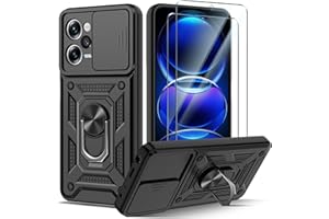 Guisessy Funda para Xiaomi Poco X5 Pro 5G/Redmi Note 12 Pro 5G Armor Carcasa Cubierta de cámara Deslizante Proteger con 2 Pack Cristal Templado Protector,con 360 Anillo Silicona TPU Negro