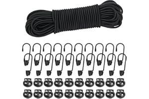 DONDEEN 20M Elastic Cord, 1/5" Thick Shock Cord Heavy Duty 65Ft Elasticated Shock Cord Black Bungee Cords with Hooks and Spring Cord Lock for Caravan Cargo Craft Rack (5mm x 20M, Black)