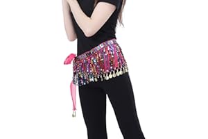 Bailinks Écharpe de hanche sequins pour danse orientale, jupe en mousseline avec pièces monnaie pour la danse du ventres, les cours de yoga,performances-Ceinture écharpe de danse pour femmes