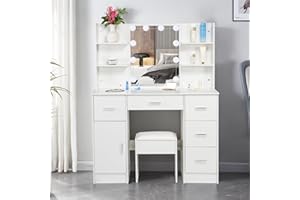 Saimeihome White Dressing Table with Dimmable Lighted Mirror, Vanity Desk with Cushioned Stool, Makeup Table with 5 Spacious Storage Drawers for Bedroom