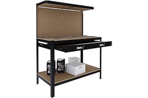 BRICOZONE Banco Tavolo Da Lavoro Con Cassetto e Parete Pannello Forato A 3 Livelli Con Piano 120 x 60 Cm Porta Attrezzi Utensili Ideale Officina Garage Cantina Capannone Nero Portata Fino a 370 Kg