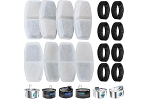 Zemiu Filtro de Fuente de Agua 16 Piezas, 8 Filtros de Carbón + 8 Filtros de Esponja para Fuente Agua de Gato 3.2L,2.5L (108oz,84oz), Carbón Activado de Algodón & Resina con Ttriple Filtración