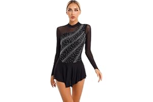 Alvivi Maillot de Danza para Mujer Patinaje de Manga Larga Maillot Gimnasia Rítmica con Falda y Pedrería Brillante Vestido de Baile Disfraz Bailarina S-XXL