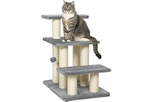 PawHut Hundetreppe 3 Stufen 54 cm Hoch Haustiertreppe für Kleine Hunde Katzentreppe Hunderampe mit Sisal Kratzbäumen, Spielball, Einstiegshilfe für Bett, Sofa, Couch und Auto Grau
