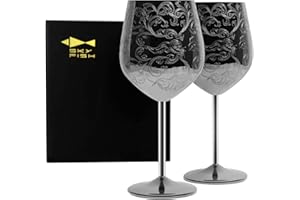 SKY FISH Bicchieri da Vino in Acciaio Inox, Set di 2 Calici da Vino Rosso, Placcati in Nero e Incisi con Intricate e Autentiche Incisioni Barocche, 480ml, Lavaggio Mano.