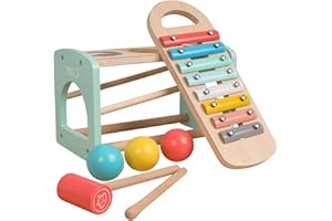 Owl & Fox Wooden Xylophone Bench with Coloured Balls & Hammer, Baby and Toddler Musical Instrument Toys. Interactive Play for Ages 1 year and Above, Traditional Wooden Toys