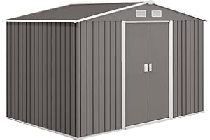 Outsunny 9 x 6ft Metal Garden Shed, Outdoor Storage Tool House with Ventilation Slots, Foundation Kit and Lockable Double Doors, Grey