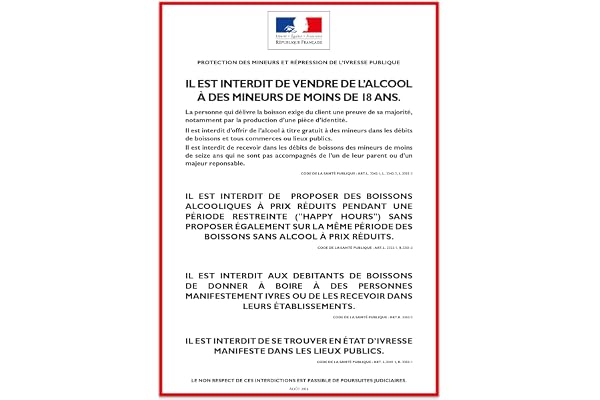 Autocollant vinyl - ALCOOL - PROTECTION DES MINEURS ET RÉPRESSION DE L'IVRESSE - Consommation sur place - 21 x 29,7 cm - UTTSCHEID