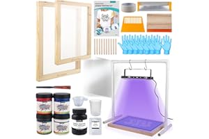 Ecoofor 47-teiliges All-in-One-Siebdruck-Set mit 50-W-UV-Belichtungslampe, 2 Größen, Holz-Siebdruckrahmen, 4 Siebdruckfarben, 10 A4-Transparenzfolien und Werkzeuge