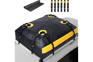 ISOPHO Borsa portatutto Borsa da tetto per auto, 425L Box da tetto pieghevole impermeabile per borsa da tetto auto senza ringhiera/con ringhiera, nero/giallo Box da tetto Con 6 cinghie, di cui 4 fisse