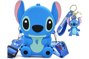 SYKEROUT Lilo Stitch Coin Purse Children's, Lilo and Lilo Key Chain, Lilo Stitch Silicone Shoulder Bag Purse with Adjustable Shoulder Strap, Coin Purse, Gifts for Children 2-Piece Set, blue, Contemporary