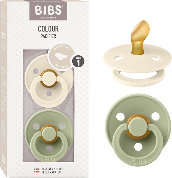 BIBS Colour Schnuller 2er-Pack, BPA-frei Schnuller, Kiefergerechte Form. Naturkautschuk/Latex, Hergestellt in Dänemark. 0-6 Monate (2er Pack), Ivory/Sage - 1