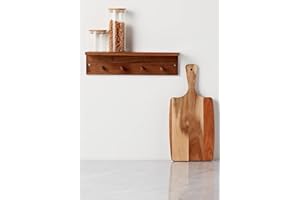 Haus Projekt Mała półka ścienna z haczykami, sosna barwiona dębowa, 4 haczyki, drewniana pływająca półka na korytarz, kuchnia i łazienka, wieszak na ubrania, ręczniki, klucze, 45 x 11.5 x 11.5