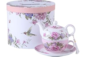 LONDON BOUTIQUE Tea for One Teapot Cup suacer Set Shaby Chic Flora Bird Rose Butterfly Porcelain Gift Box (Pink)