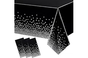 POPOYU 3Pack Black and Sliver Dot Table Cloth Party Disposable Halloween Tablecloths,137x274cm Confetti Table Covers Rectangle Plastic Tablecloth Party for Picnic,Wedding,Birthday,Christmas Table Decorations
