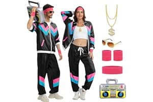 OPAEHJF 80er 90er Jahre Outfit für Herren Damen, Retro 80er Jahre Trainingsanzug Jacke Hose Anzug mit Goldkette Aufblasbare Radio für Fasching Karneval