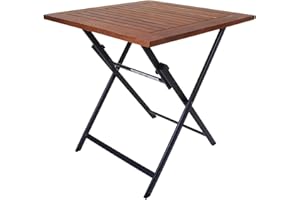 MARKO Folding Square Table Outdoor Garden Patio Furniture Wooden Top Steel Metal Frame (Light Brown)