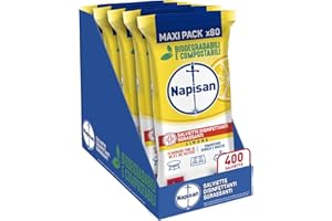 Napisan Salviette Disinfettanti Sgrassanti al Limone, Confezione da 5 Pacchi x 80 Salviette Disinfettanti Biodegradabili e Compostabili Multisuperfici