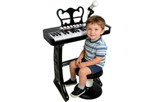 Masroo Piano Toy for Kids - 37 Keys Piano Keyboard Toy with Stool and Microphone, Black Electronic Musical Instrument Birthday Gift for Kids 3 4 5 6 7 8 Years Old Boys and Girls