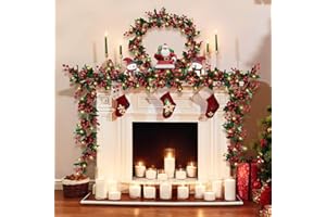 Beinhome Girlanda bożonarodzeniowa z czerwonymi jagodami, 175 cm, sztuczna girlanda bożonarodzeniowa z czerwonymi jagodami i zielonymi liśćmi, wisząca girlanda dekoracyjna do kominka, okna, drzewa,