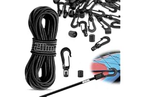SWTYExt 20m Cuerda Elastica 4mm Cuerda Elástica con 50 Piezas Ganchos de Plástico Pulpos Elasticos Negro Cuerda de Goma para Lona Bungee Cord Resistente para Barco Camping Remolque Piscina