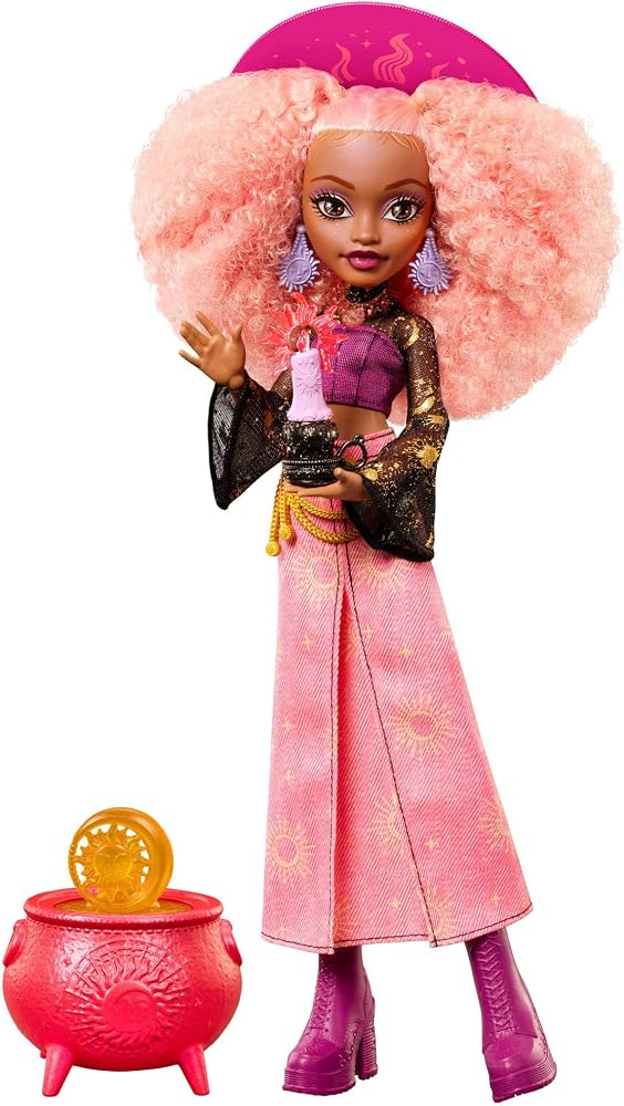Moonspell Magic by Monster High bebeği, Güneş Cadısı Rae Lumina, kazan sürprizi, mum ve sihir kitabı gibi aksesuarlar, JMB91