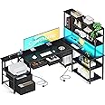 Coleshome L Shaped Corner Desk with Drawers, Reversible Home Office Computer Desk with Storages & Shelves, Gaming Table with LED Lights & Power Outlets Black, 180 × 100 cm