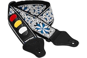 World Rhythm WR-212 Tracolla per chitarra in cotone ricamato con motivo floreale blu per chitarre elettriche, acustiche, classiche e bassi con taschini porta plettro e plettri