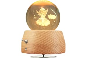 OOWOLF Crystal Ball Music Box, Christmas 3D Wooden Music Box with Warm Light, K9 Crystal Ball Angel Pattern Beautiful Snow Globe Music Box for Christmas,Birthday,Mother's Day, Valentine's Day