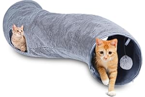 Nobleza Tunel dla kota w kształcie litery S, interaktywna zabawka dla kota z wiszącymi kulkami i 2 otworami, składany tunel dla małych zwierząt, królików, świnek morskich i kotów, szary, 108×25 cm