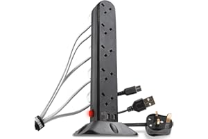 Duronic Surge Protected Extension Lead with USB ST10B Tower Extension Leads 10 Way Multi Plug Power Adapter for UK Plugs Long Black Extension Cords Power Strip Multiplug Socket for Home Office Kitchen