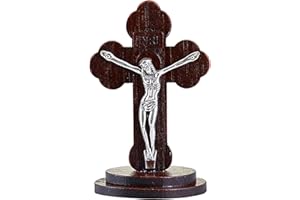 NEEDZO Small Standing Wooden Catholic Crucifix, Religious Tabletop Decorations for Homes and Offices, Cross Decor for Coffee Tables, 3 Inches