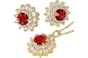 RIZILIA Blossom Jewellery Set Pendant with 45cm(18") Chain & Stud Earrings Round Cut Gemstones CZ [6 Colours Available] in 18K Yellow Gold Plated, Simple Modern Elegance