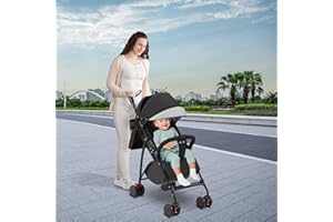 HUOLE Passeggino leggero e compatto da 0 mesi a 4 anni, capacità di carico massima di 25 kg, passeggino pieghevole, schienale reclinabile, pieghevole automatico in 1 passo, baldacchino, A-nero