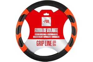 +PWR Car Parts Funda de Volante Modelo Grip Line Negra y Roja Universal para Volantes de Turismos de 37 a 39 cm. Antideslizante. Fabricada en 100% Poliéster
