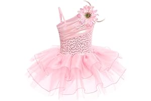 IWEMEK Enfant Filles Robe Ballet Danse Classique Justaucorps Paillettes sans Manches Spaghetti Sangle Tutu Tulle Une Pièce + Broche Fleur Plume Costume Gymnastique Patinage Ballerine 3-10 Ans