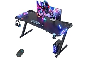 Devoko Escritorio Gaming con Luces LED, 140 x 60cm RGB Mesa Gaming Forma Z, Escritorio de Ordenador Grande con Gancho para Auriculares y Portavasos, Mesa Gamer para Oficina en Casa, Negro