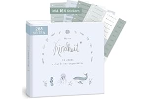 mintkind® "Meine Kindheit", album dei ricordi con motivo balena, colore blu, set di adesivi, per i primi 10 anni, regalo per nascita, libro per scrivere diario per bambini