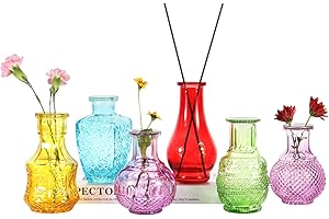 HYCkee Colored Glass Bud Vase Set of 6 - Small Vases for Flowers, Bud Vases in Bulk, Cute Glass Vases for Centerpieces, Mini Vintage Vase for Rustic Wedding Decorations, Home Table Flower Decor