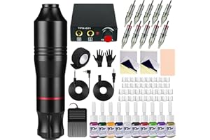 Blackbudda macchinetta tatuaggi, pistola rotativa per tatuaggi, con alimentatore, pedale e pigmento, 10 aghi per cartuccia, kit per pratica di trucco per tatuatori (nero)