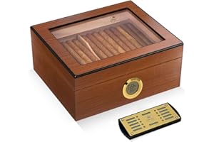 Slege Zigarren Humidor, Humidor-Zigarren Spanisch Zeder, mit Digital Hygrometer,INOX Zigarren Befeuchter,Teiler,Kubanische Zigarren Accessoires,Geschenk für Männer,Deutsch Manual (Braun)