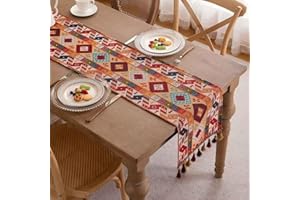 Clothfuna Geometric Jacquard Table Runner, Vintage Boho Table Runner, Orange Diamond Cotton Blend with Tassels for Dining Table Party Holiday Outdoor, 33x275 cm/ 13x108 inch